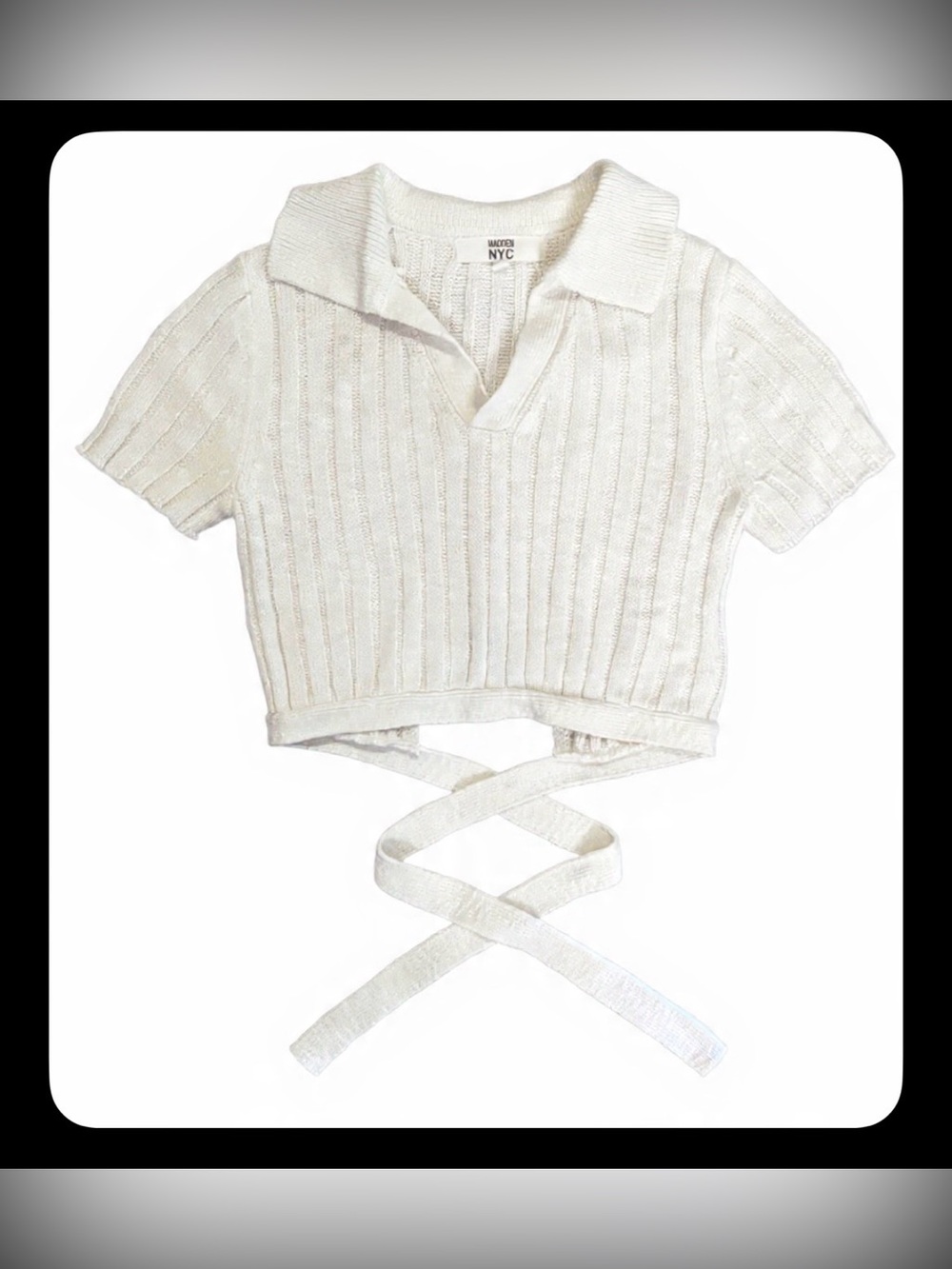 Madison NYC White Ribbed Knit Crop Polo Top Tie-Back Short Sleeve Fitted